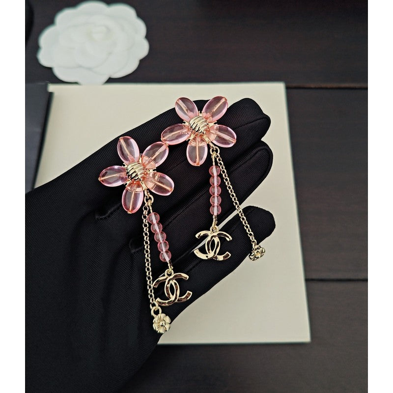 18K CC Pink Crystal Flower Gold Earrings