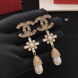 18K CC Diamond Cross Pearl Drop Earrings