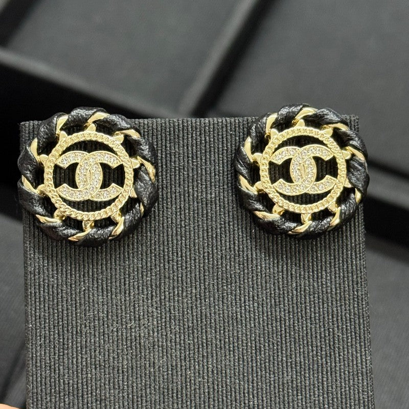 18K CC Black Leather Round Earrings