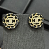 18K CC Black Leather Round Earrings