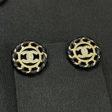 18K CC Black Leather Round Earrings