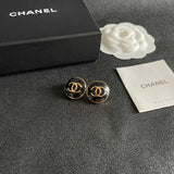 18K CC Black & White Round Gold Earrings